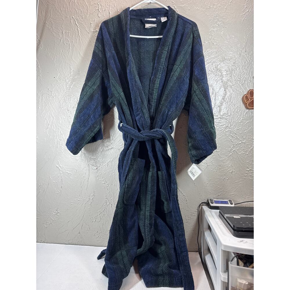 Vintage TJ Lawford Bathrobe Blue Green Belted Pockets Mens Size 1X 2X NWT